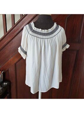 Express Womens White Smocked Ruffle Blouse Top Size Large